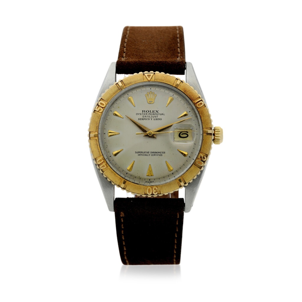 View full screen - View 1 of Lot 64. REFERENCE 1625 DATEJUST 'THUNDERBIRD' RETAILED BY SERPICO Y LAINO: A STAINLESS STEEL AND YELLOW GOLD AUTOMATIC CENTER SECONDS WRISTWATCH WITH DATE, CIRCA 1961.