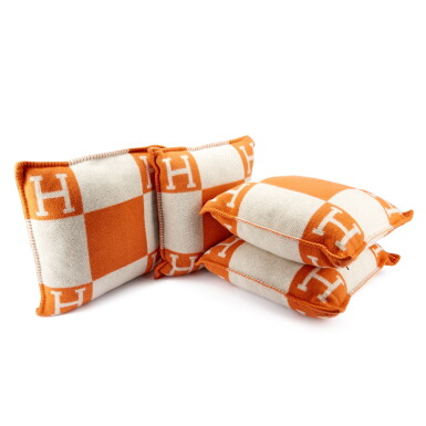 View full screen - View 1 of Lot 1131. Set of Four Potiron and Ecru Merino Wool and Cashmere Small Avalon Pillows.