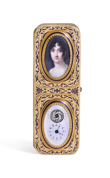 View full screen - View 1 of Lot 85. A GOLD AND ENAMEL PORTRAIT BOX WITH TIMEPIECE, JACQUES-ALEXANDRE GUILLEMOT, PARIS, 1798-1809.