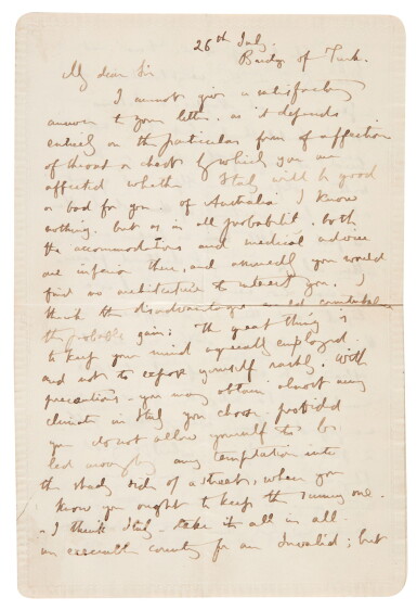 View full screen - View 1 of Lot 132. John Ruskin | Autograph letter signed, about travelling in Italy, Brig o'Turk, Scotland, 26 July 1853.