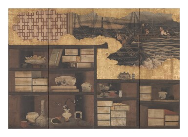 View full screen - View 1 of Lot 3. Anonymous | The arrival of Portuguese ships and scholar's accoutrements | Edo period, 17th century and later .