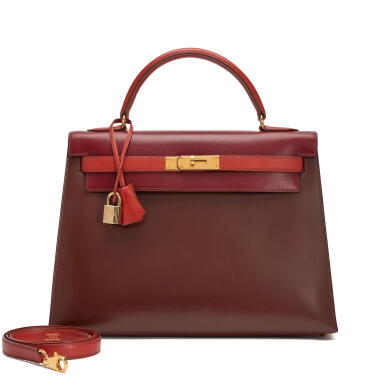 View full screen - View 1 of Lot 56. Vintage Maron Fonce, Rouge Ash, and Brique Box Tri-color Kelly 32 Sellier Gold Hardware, 1996.
