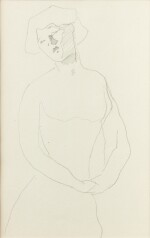 Femme de trois quarts, bras en cercle, mains jointes