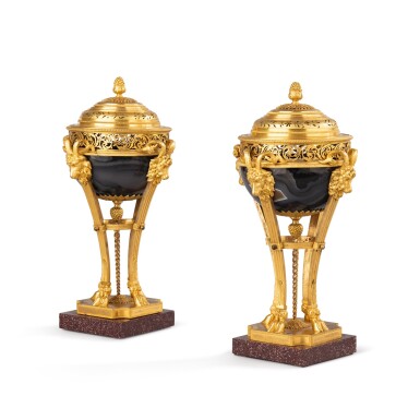 View full screen - View 1 of Lot 730. A pair of early Louis XVI gilt-bronze mounted agate pot-pourri athéniennes, circa 1775-1780.