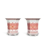 A pair of puce-enameled hexagonal jardinières and stands, 20th century