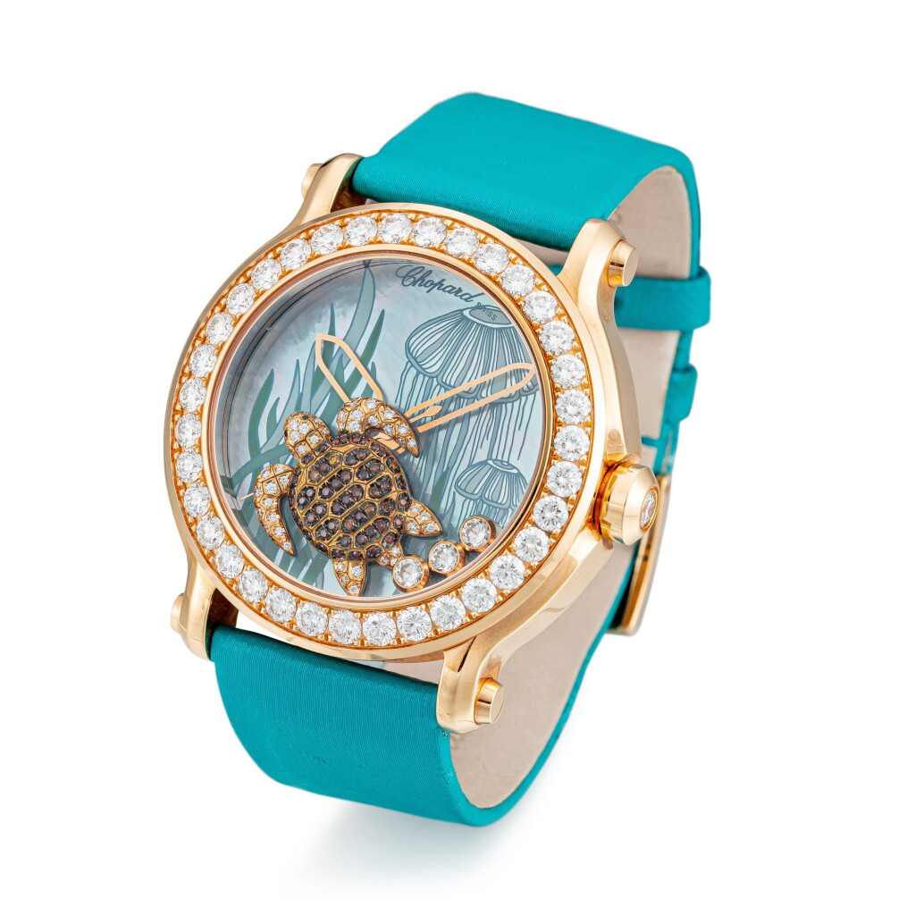 View full screen - View 1 of Lot 8036. Chopard | 'Animal World' Turtle Happy Sport XL, A Limited Edition Pink Gold and Diamond Set Wristwatch with Mother of Pearl Dial | 蕭邦 | Happy Sport XL - Animal World – 烏龜 – 限量版玫瑰金 鑲 鑽石腕表, 約2010年制.