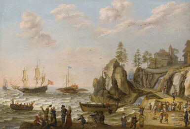 View full screen - View 1 of Lot 30. ISAAC WILLAERTS | A COASTAL LANDSCAPE WITH A GALLEY, AN ENGLISH GALLEY FRIGATE, AND A ROWING BOAT IN CHOPPY WATERS.