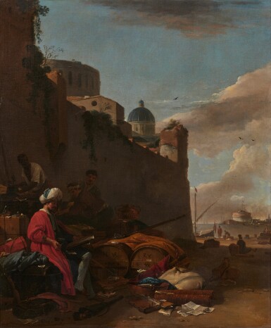 View full screen - View 1 of Lot 45. A Mediterranean harbour scene with a seated merchant | Hafen am Mittelmeer mit sitzendem Kaufmann.