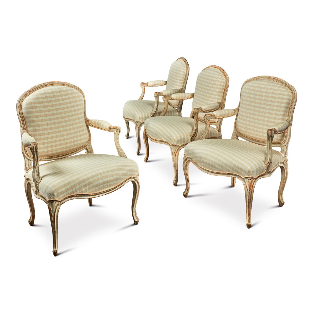 View full screen - View 1 of Lot 175. A SET OF FOUR LOUIS XV GREY-PAINTED FAUTEUILS À LA REINE BY MICHEL CRESSON, CIRCA 1755.