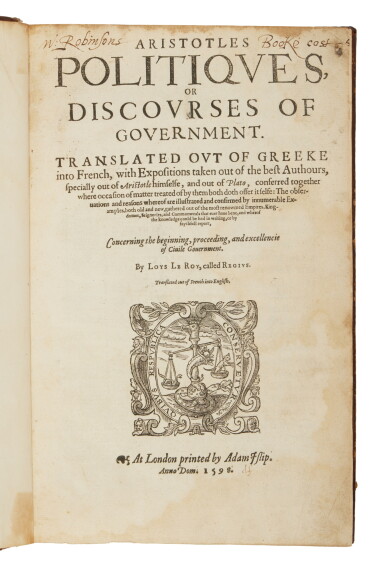 View full screen - View 1 of Lot 2. Aristotle | First edition in English of Aristotle’s Politics.