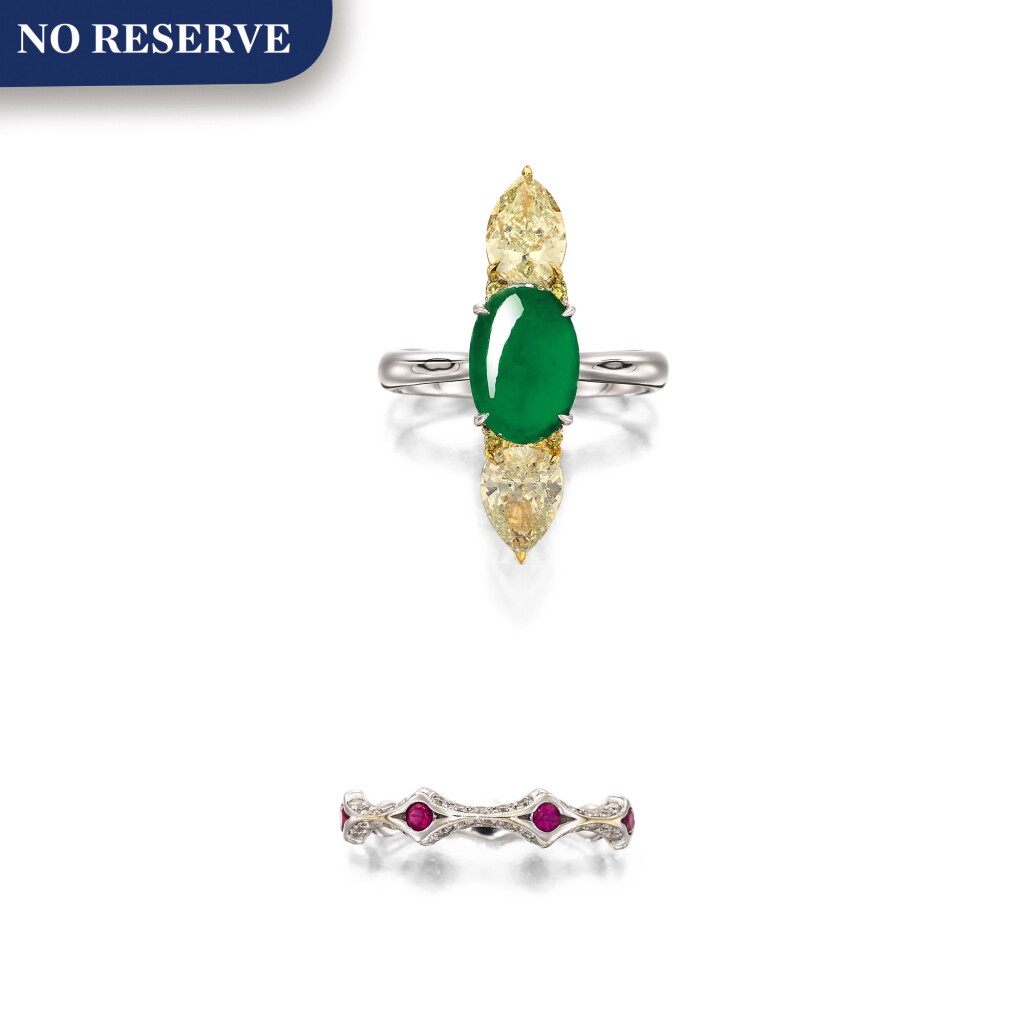 View full screen - View 1 of Lot 1625. Jadeite and Diamond Ring; and Ruby and Diamond Ring | 天然翡翠 配 鑽石 戒指; 及 紅寶石 配 鑽石 戒指.