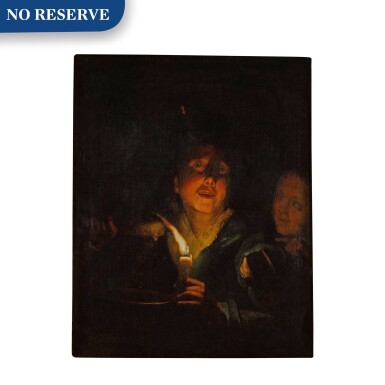 View full screen - View 1 of Lot 70. A young man eating porridge before a candle, with a girl in the background.