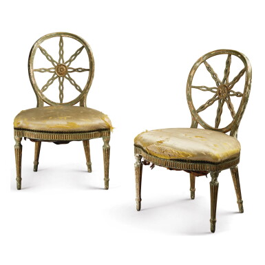 View full screen - View 1 of Lot 332. A PAIR OF GEORGE III GREEN PAINTED WHEEL-BACK SIDE CHAIRS, LATE 18TH CENTURY.