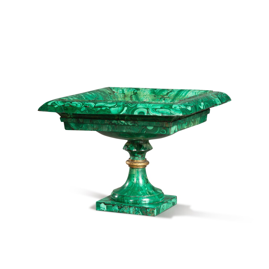 View full screen - View 1 of Lot 115. A Russian malachite square tazza, circa 1830 | Coupe en malachite, Russie, vers 1830.