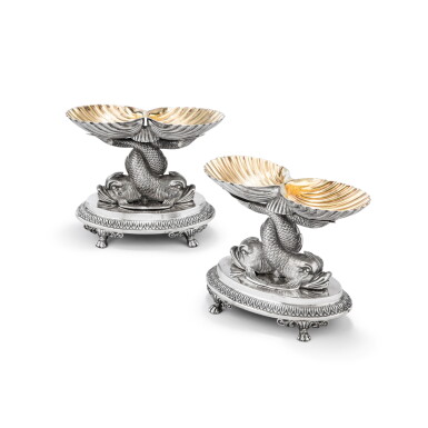View full screen - View 1 of Lot 59. A pair of double parcel-gilt silver salt-cellars, Charles-Nicolas Odiot, Paris, 1826 - 1838 | Paire de salières doubles en argent et vermeil par Charles-Nicolas Odiot, Paris, 1826 - 1838.
