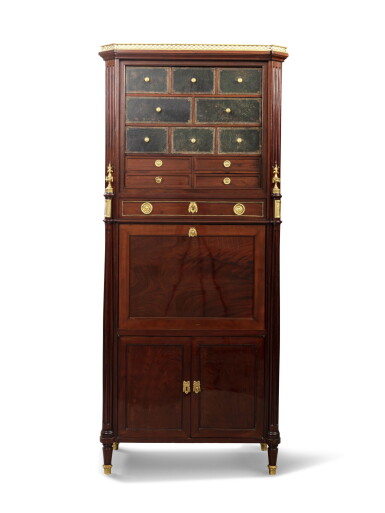 View full screen - View 1 of Lot 202. Mahogany, mahogany veneer and gilt bronze desk, Louis XVI period, stamped F. Schey.