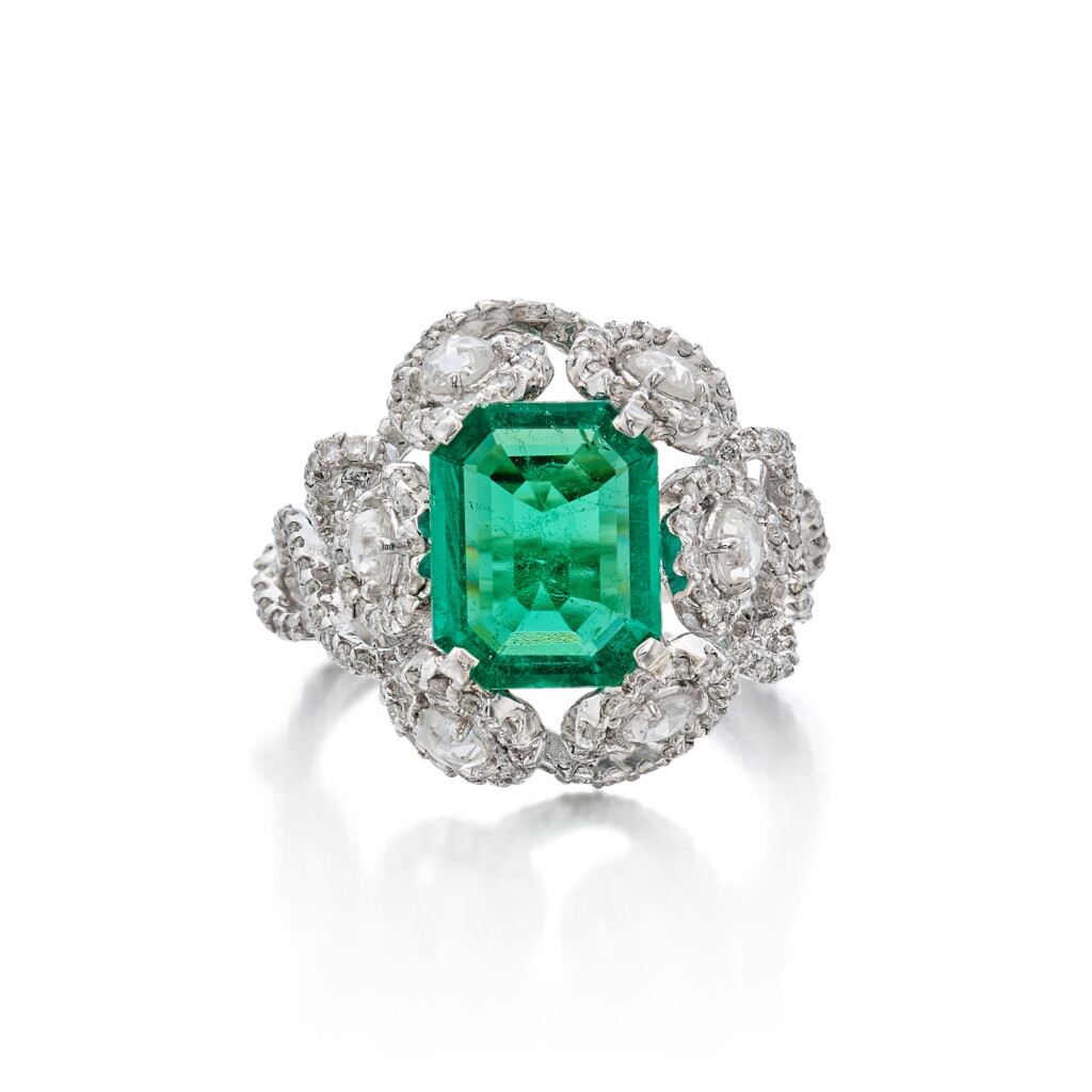 View full screen - View 1 of Lot 390. Emerald and Diamond Ring.