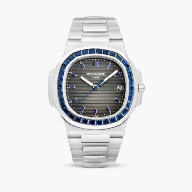 View full screen - View 1 of Lot 2417. Nautilus, Reference 5711/111P-001 | A platinum and sapphire-set bracelet watch with date, Circa 2018.