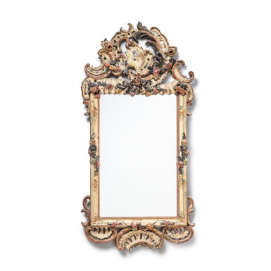 View full screen - View 1 of Lot 542. A South German carved polychrome-painted wood mirror, probably Bayreuth, circa 1750-1760.