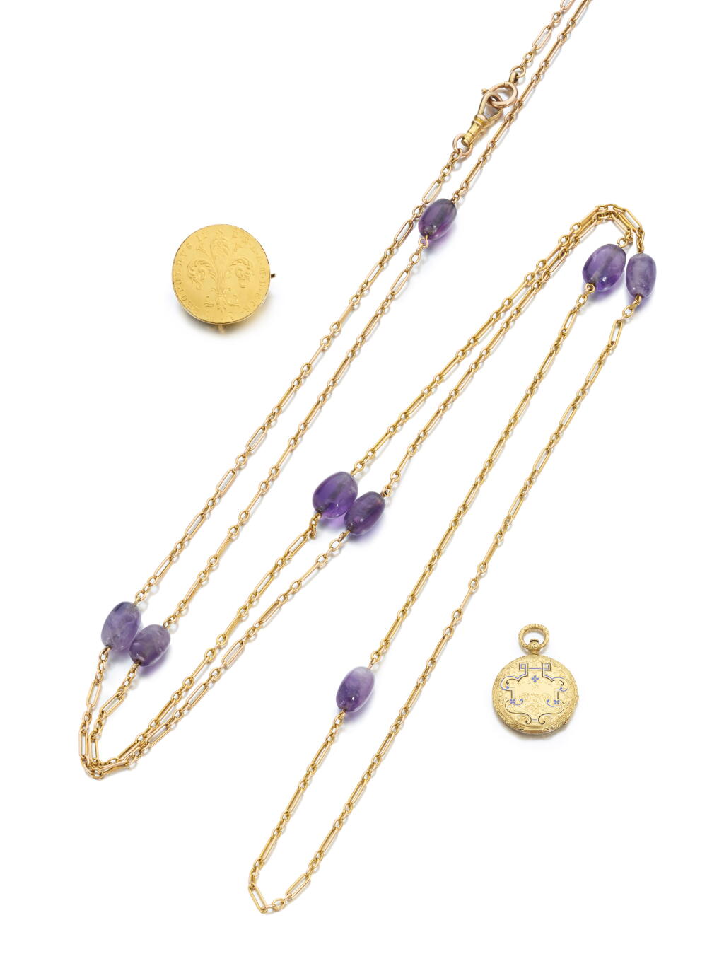 View full screen - View 1 of Lot 1018. Gold and amethyst watchchain, circa 1900 and a collection of jewels.