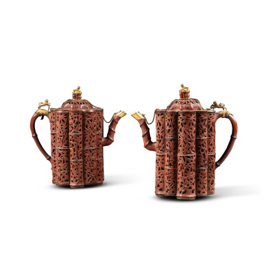 View full screen - View 1 of Lot 81. A rare pair of large gilt-copper mounted Yixing stoneware teapots, the stoneware Qing dynasty, 17th century, Holland, late 17th century.