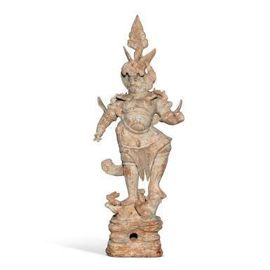 View full screen - View 1 of Lot 11. A painted pottery figure of a lokapala, Tang dynasty.