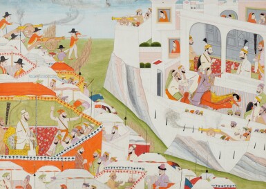 View full screen - View 1 of Lot 192. An illustration to a Hamir Hath series: Alauddin Khilji and Hamir Dev in battle, attributed to Sajnu, North India, Mandi, circa 1810.