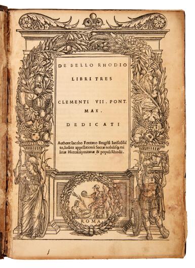 View full screen - View 1 of Lot 128. Fontanus, De bello Rhodio libri tres, Rome, 1524, Roman brown morocco gilt for Mercurio de Vipera.