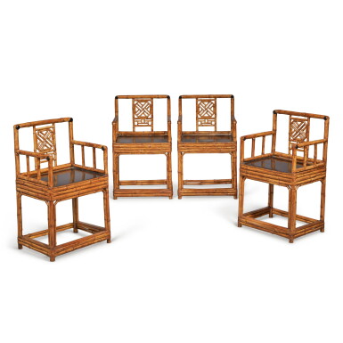View full screen - View 1 of Lot 1349. A set of four bamboo continuous low-back armchairs (Nanguanmaoyi), 19th / 20th century | 十九 / 二十世紀 竹南官帽椅一組四件.