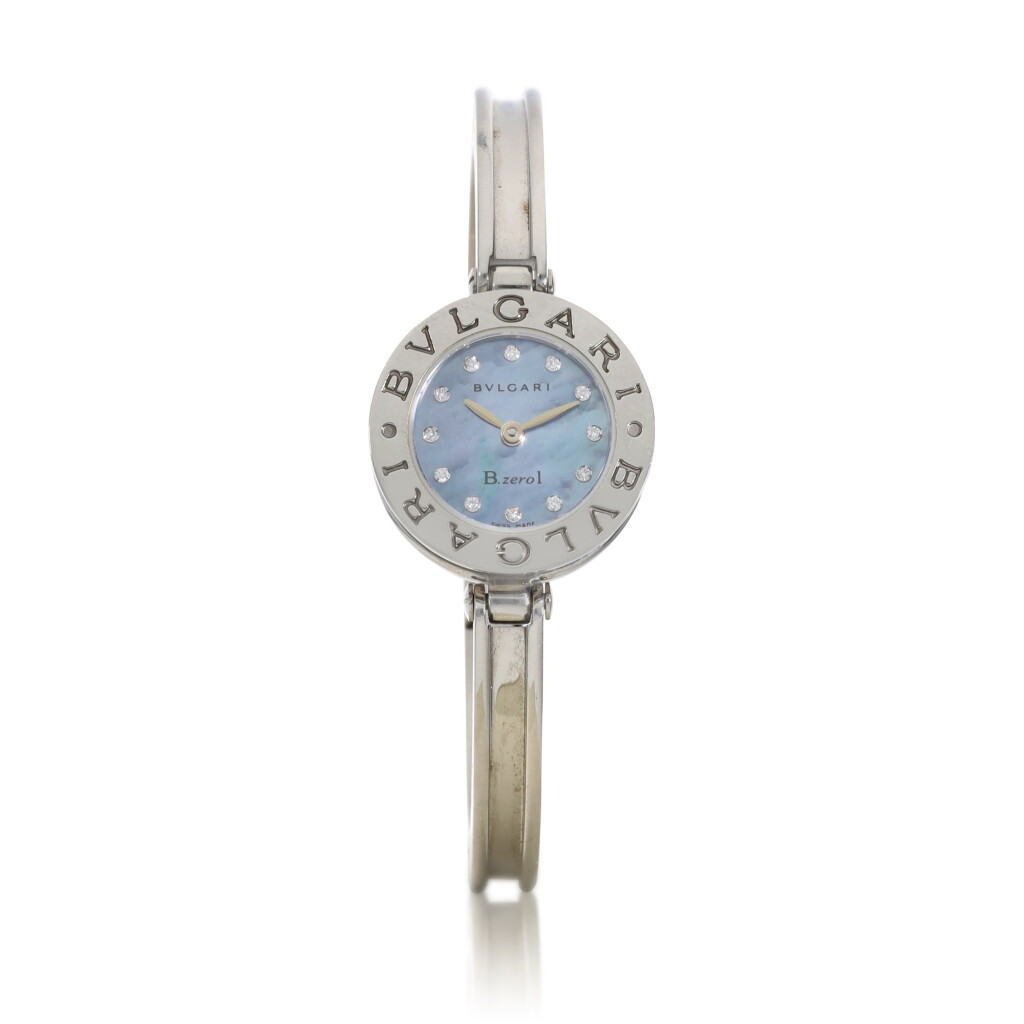 View full screen - View 1 of Lot 8326. B.ZERO1 | A stainless steel and diamond-set bangle watch with mother-of-pearl dial, Circa 2000 | 寶格麗 B.ZERO1 | 精鋼鑲鑽石手鐲腕錶,備珠母貝錶盤,約2000年製.