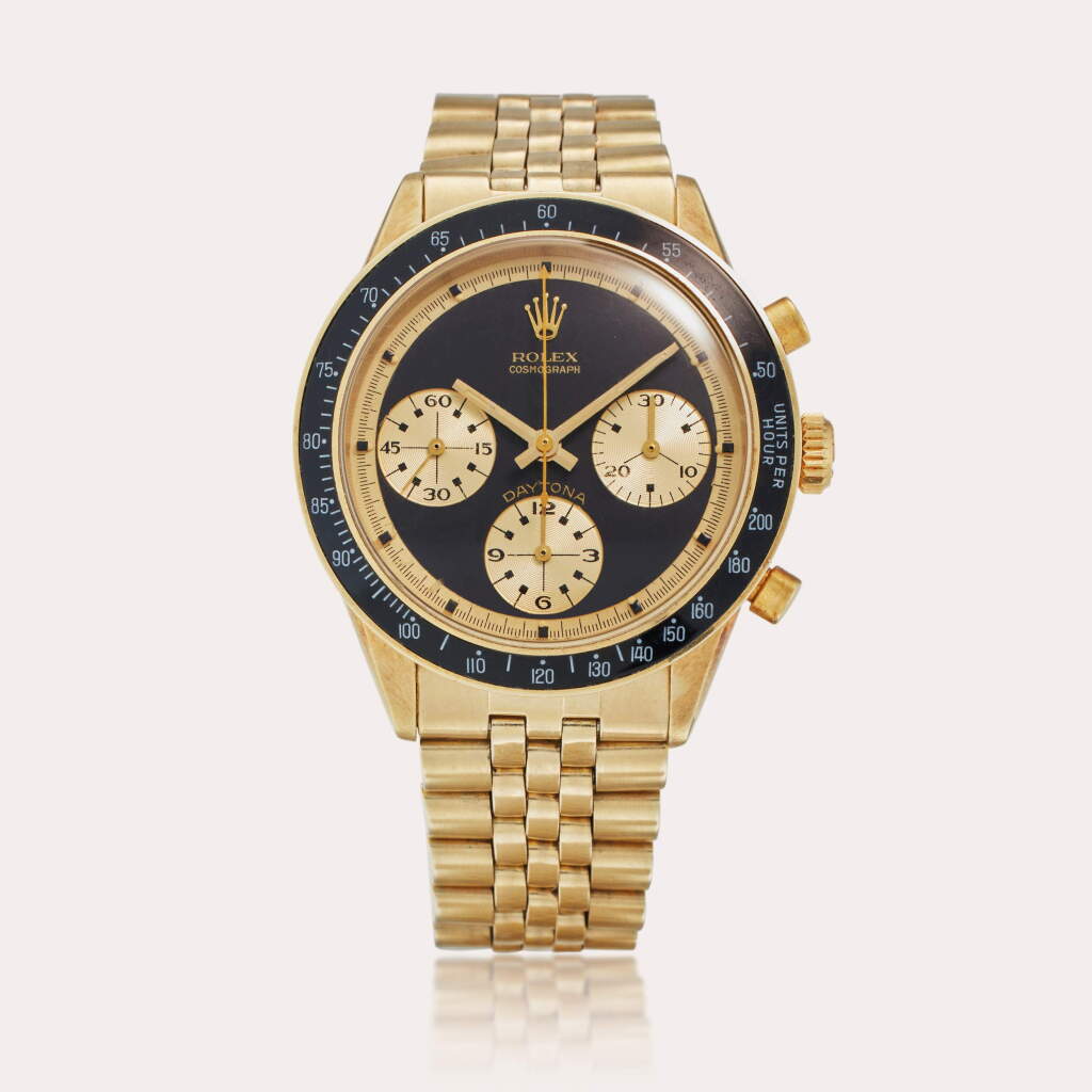 View full screen - View 1 of Lot 20. Reference 6238 Transitional Daytona 'John Player Special' | A rare yellow gold chronograph wristwatch with bracelet, Circa 1968.