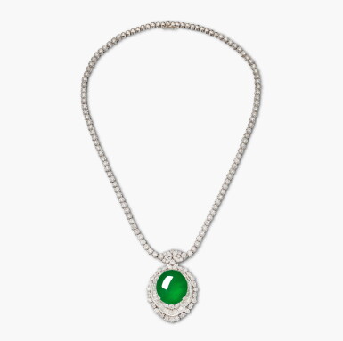 View full screen - View 1 of Lot 1377. Jadeite and Diamond Pendent Necklace | 天然翡翠 配 鑽石 項鏈.