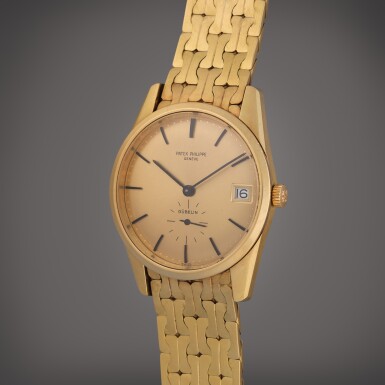 View full screen - View 1 of Lot 535. Reference 3558 Calatrava | Retailed by Gübelin: A yellow gold automatic wristwatch with date, Circa 1975.
