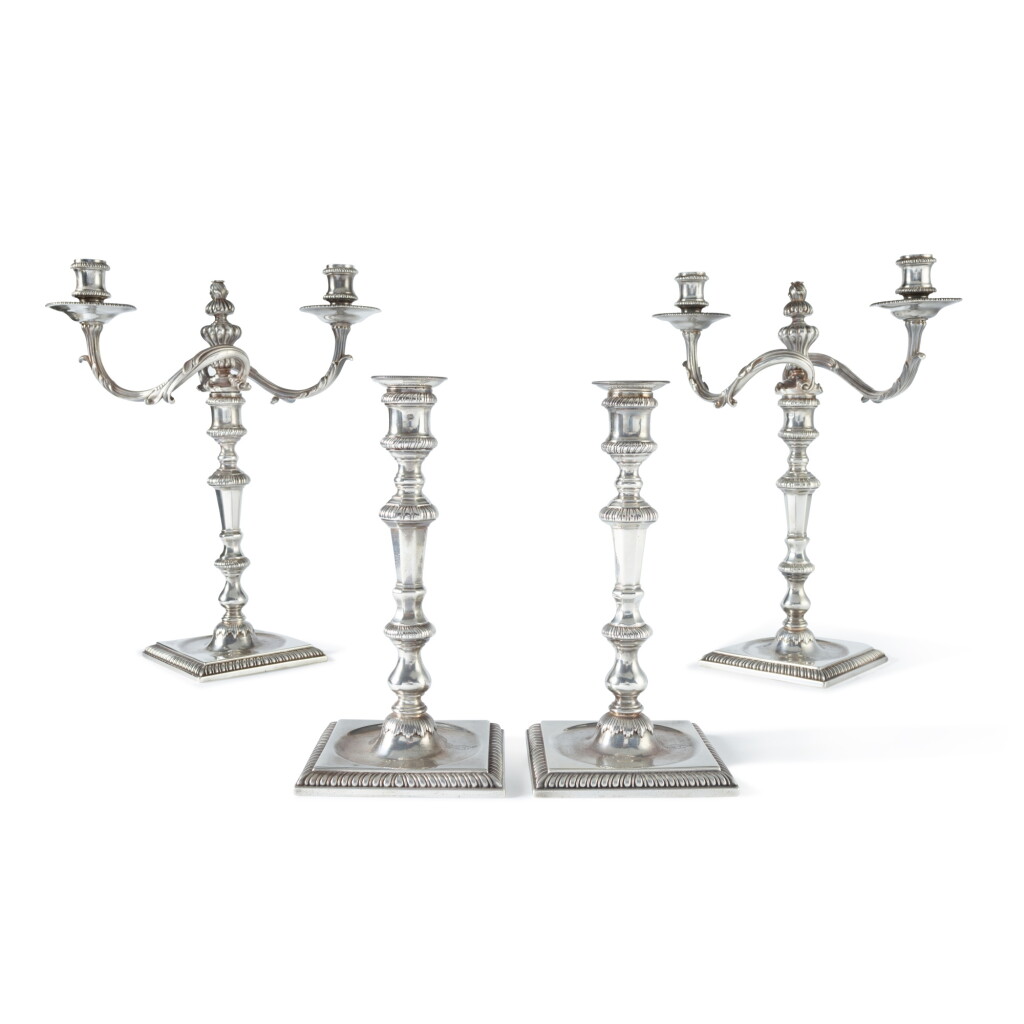 View full screen - View 1 of Lot 406. A Pair of George II Silver Two-Light Candelabra and Matching Pair of Candlesticks, Edward Wakelin, London, 1754 and 1759.