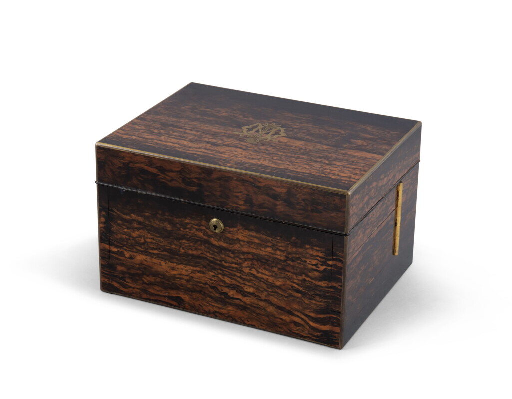 View full screen - View 1 of Lot 50. An ebony, brass, ivory, crystal and silver vanity case, English, second half 19th century.
