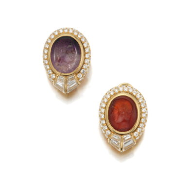View full screen - View 1 of Lot 41. Pair of Amethyst, Carnelian and Diamond Earclips.