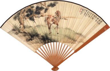 View full screen - View 1 of Lot 528. 戈湘嵐 追風神駿;吳增甲 楷書詠梅詩 | Ge Xianglan, Horse by Pine Tree.