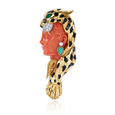 View full screen - View 1 of Lot 22. Coral, gem set and diamond brooch.
