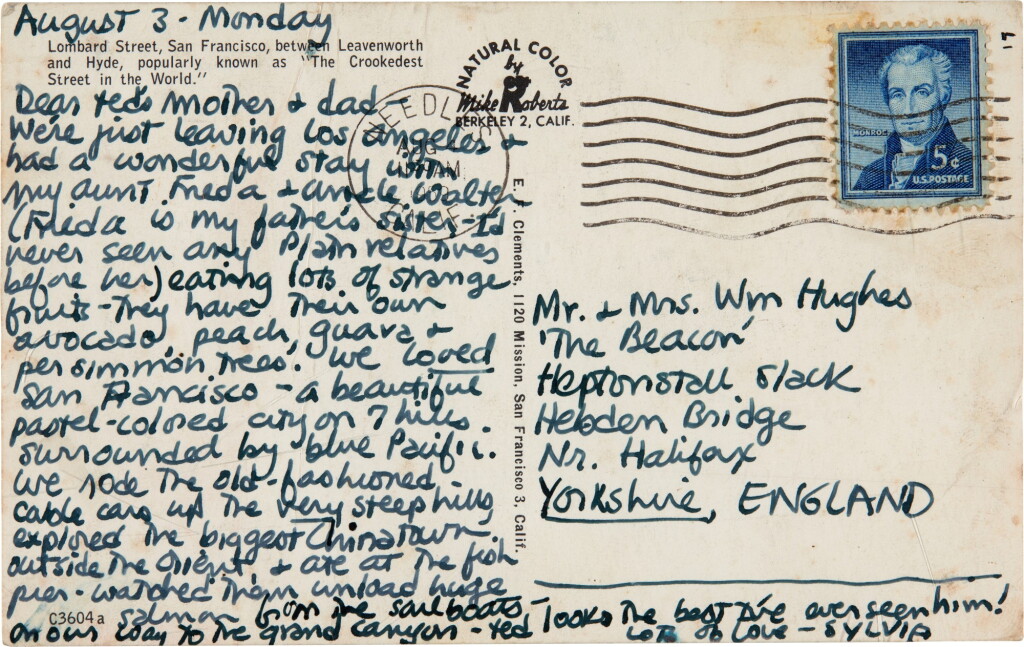 View full screen - View 1 of Lot 39. Sylvia Plath | Autograph postcard signed, to Edith & William Hughes, from California, 3 August 1959.