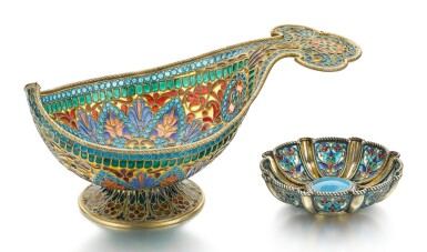 View full screen - View 1 of Lot 415. A PLIQUE-À-JOUR GROUP COMPRISING A BOWL AND KOVSH, THE BOWL IVAN KHLEBNIKOV, MOSCOW, CIRCA 1890; THE KOVSH MOSCOW, CIRCA 1890.