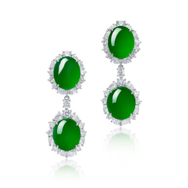 View full screen - View 1 of Lot 1924. Pair of Jadeite and Diamond Pendent Earrings | 天然翡翠 配 鑽石 耳墜一對.
