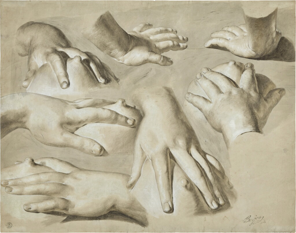 View full screen - View 1 of Lot 738. A sheet of studies of hands on breasts.