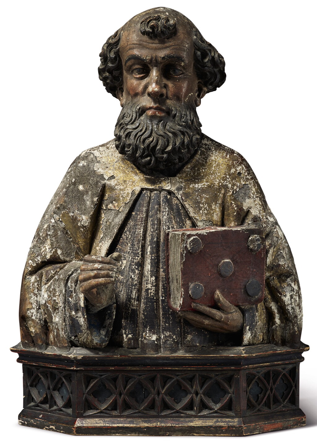 View full screen - View 1 of Lot 166. Sold Without Reserve, GERMAN, PROBABLY UPPER RHINE, CIRCA 1500 | BUST OF AN APOSTLE WITH A MISSAL.