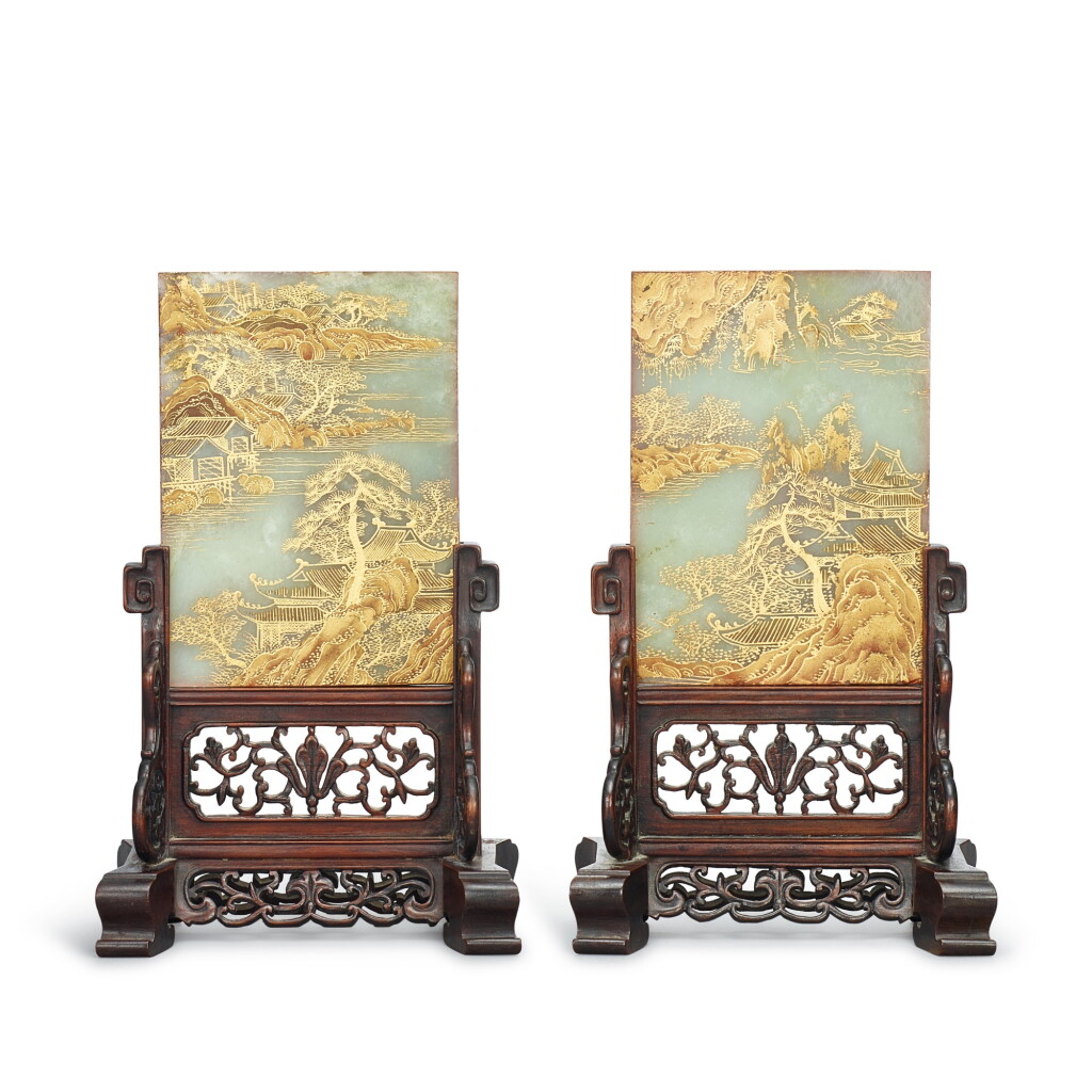 View full screen - View 1 of Lot 532. A pair of gilt-painted celadon jade screens, Qing dynasty 清 青白玉描金山水樓閣圖硯屏一對.