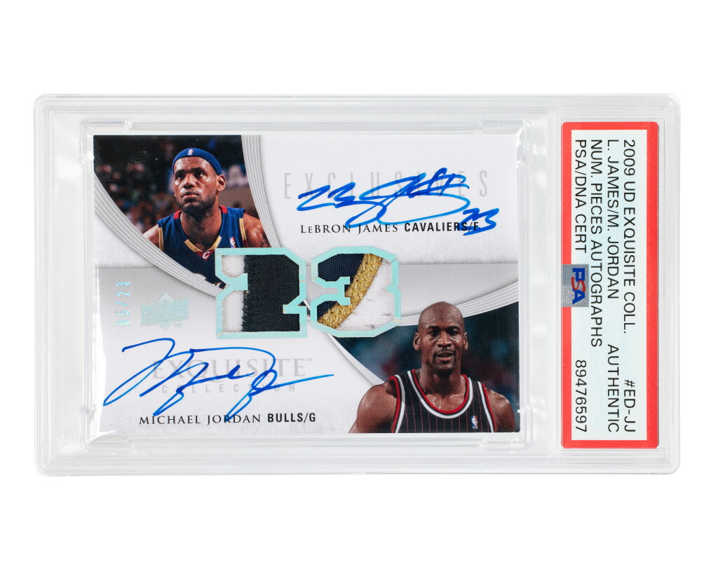 View full screen - View 1 of Lot 5. LeBron James & Michael Jordan 2009-10 Upper Deck Exquisite Collection Number Pieces Dual Autographs 05/23 #ED-JJ PSA Authentic | Game-Used Patches | On-Card Autographs.