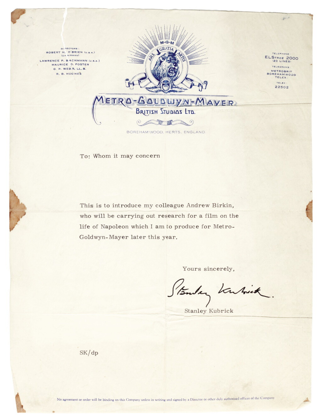 View full screen - View 1 of Lot 204. KUBRICK | File relating to his film project Napoleon, 1960s.