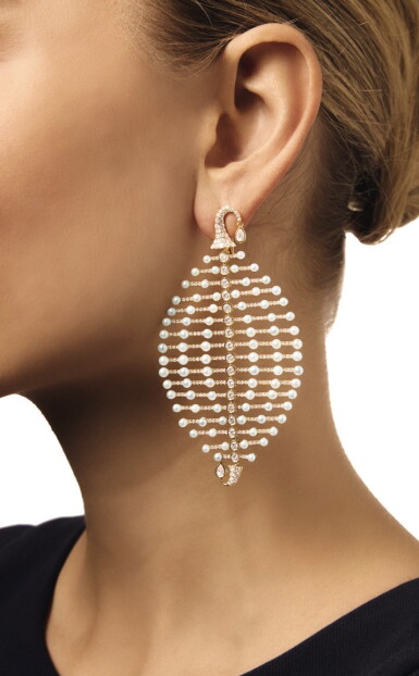 View full screen - View 1 of Lot 78. PAIR OF SEED PEARL AND DIAMOND EARCLIPS.