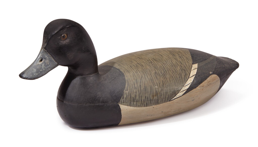 View full screen - View 1 of Lot 22. Blue Bill with Glass Eyes Decoy , carved by John English (1848-1915) and repainted by John Dawson (1886-1959), Florence, New Jersey and Duck Island, New Jersey, circa 1890.