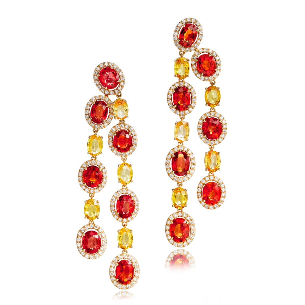 View full screen - View 1 of Lot 545. Pair of Orange Sapphire, Yellow Sapphire and Diamond Pendent Earrings | Adler | 橙色剛玉, 配 黃色剛玉 及 鑽石 耳墜一對.