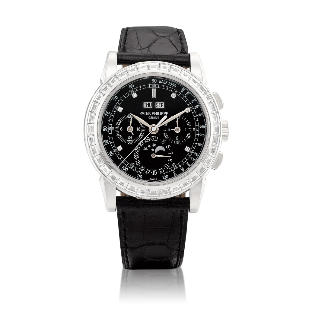 View full screen - View 1 of Lot 2314. Reference 5971 | A platinum and baguette cut diamond-set perpetual calendar chronograph wristwatch with day, date, moon phases, 24 hours and leap year indication, Circa 2009 | 百達翡麗 | 型號5971 | 鉑金鑲長方形鑽石萬年曆計時腕錶,備日期、星期、月相、24小時及閏年顯示,約2009年製 .